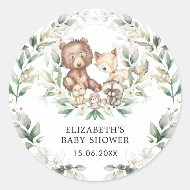 Elegant Woodland Greenery Gold Forest Baby Dusche Runder Aufkleber (Vorderseite)