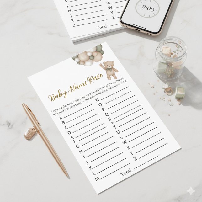 Elegant Woodland Theme Baby Name Race Shower Game Flyer (Von Creator hochgeladen)