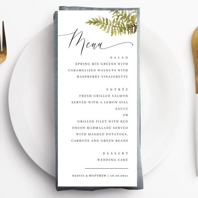 Elegant Woodland Wedding | Minimalist Forest Fern Menükarte (Von Creator hochgeladen)