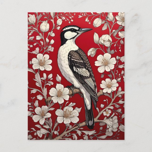 Elegant Woodpecker Floral William Morris Inspirier Postkarte (Vorderseite)