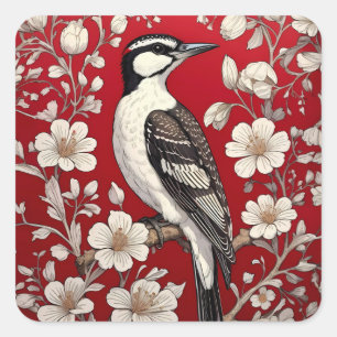 Elegant Woodpecker Floral William Morris Inspirier Quadratischer Aufkleber