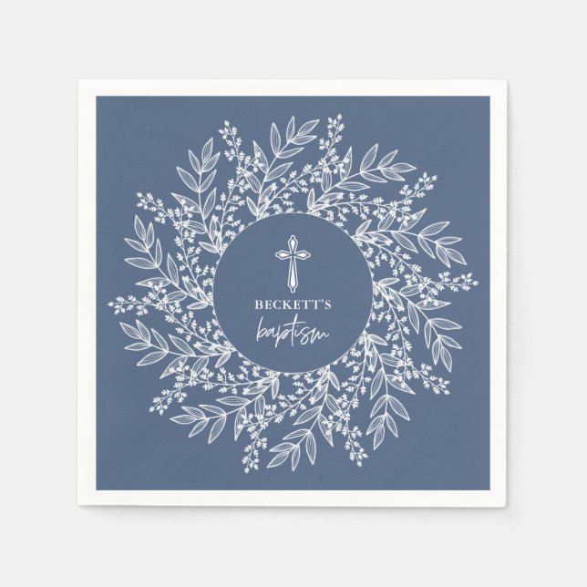 Elegant Wreath and Cross Blue Boy Baptism Serviette (Vorderseite)