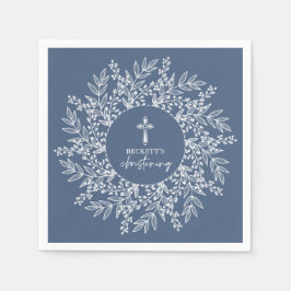 Elegant Wreath and Cross Blue Boy Christening Serviette