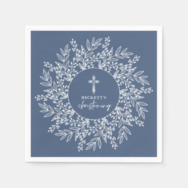 Elegant Wreath and Cross Blue Boy Christening Serviette (Vorderseite)