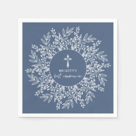 Elegant Wreath and Cross Blue Boy First Communion Serviette