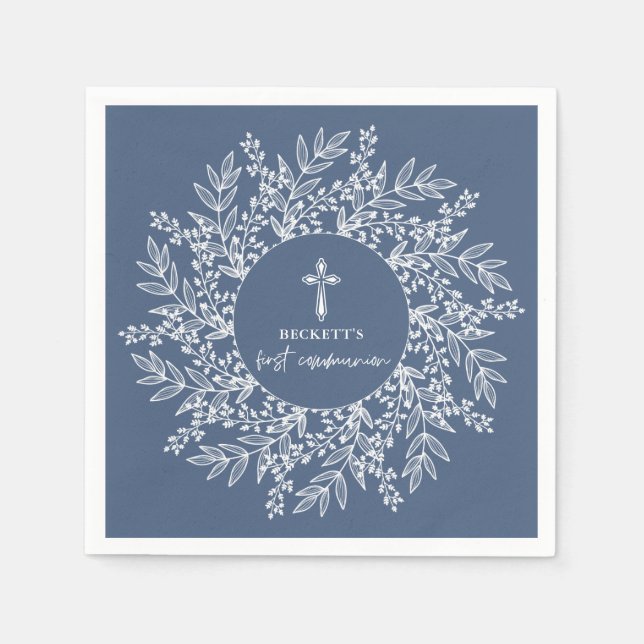 Elegant Wreath and Cross Blue Boy First Communion Serviette (Vorderseite)