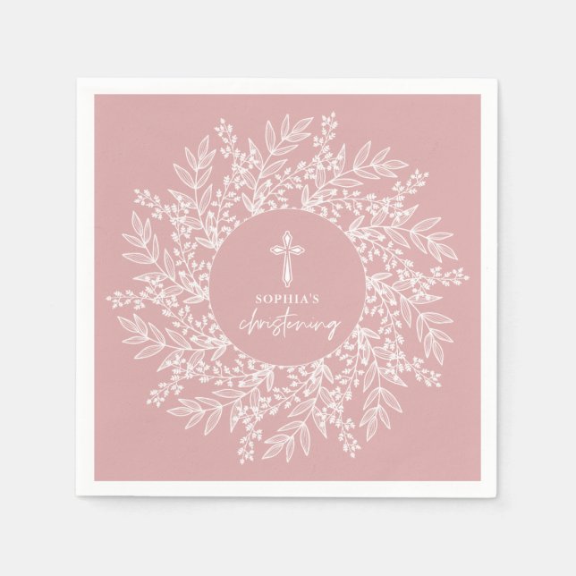Elegant Wreath and Cross Pink Girl Christening Serviette (Vorderseite)