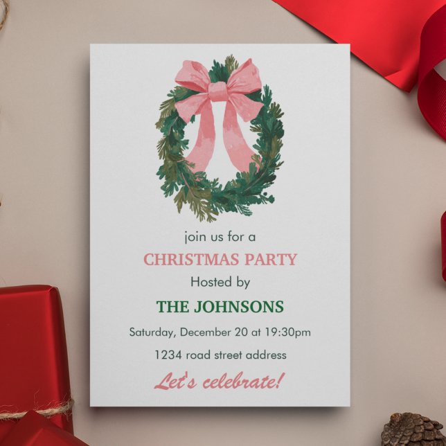 Elegant Wreath & Bow Christmas Party Invitation  Einladung (Von Creator hochgeladen)