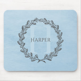 Elegant Wreath Monogram   Blue Mouse Pad Mousepad
