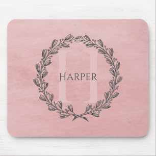 Elegant Wreath Monogram Pink Mouse Pad Mousepad