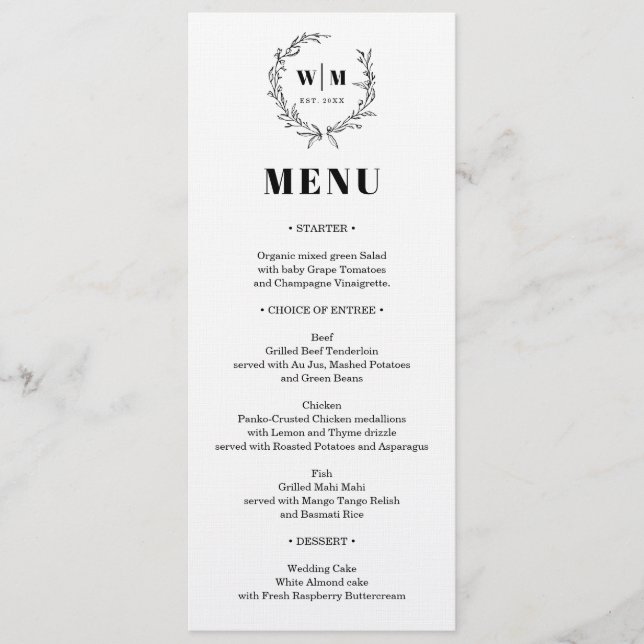 Elegant Wreath Monogram Wedding Menu Einladung (Vorderseite)