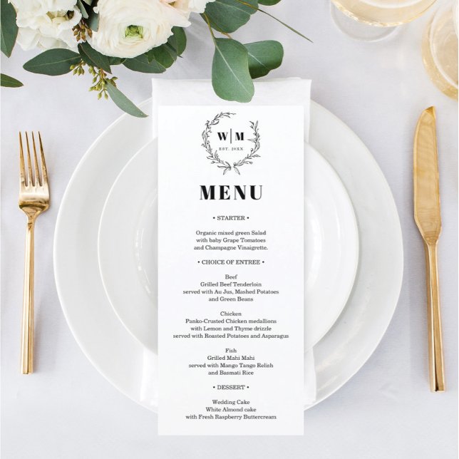 Elegant Wreath Monogram Wedding Menu Menükarte (Von Creator hochgeladen)