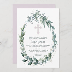 Elegant Wreath Pink Cross Baptisse Einladung