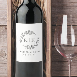 Elegant Wreath Wedding Initial Monogram Weinetikett