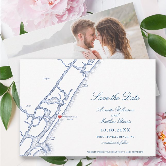Elegant Wrightsville Beach NC Map Wedding Save The Date (Wrightsville Beach Wedding Save the Date with elegant navy blue North Carolina Map and photo back)