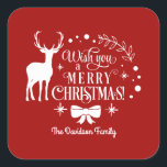 Elegant wünscht dir ein einfaches CHRISTMAS Monogr Quadratischer Aufkleber<br><div class="desc">Einzigartige und elegante Typografie "Wish You A MERRY CHRISTMAS" mit Reh,  Bogen,  Schneeflocken und Ziergegenständen auf rotem Hintergrund. Anpassen Sie das Tool,  um Ihren Namen hinzuzufügen. Für weitere Informationen besuchen Sie bitte die Weihnachtsquotes-Sammlung.</div>
