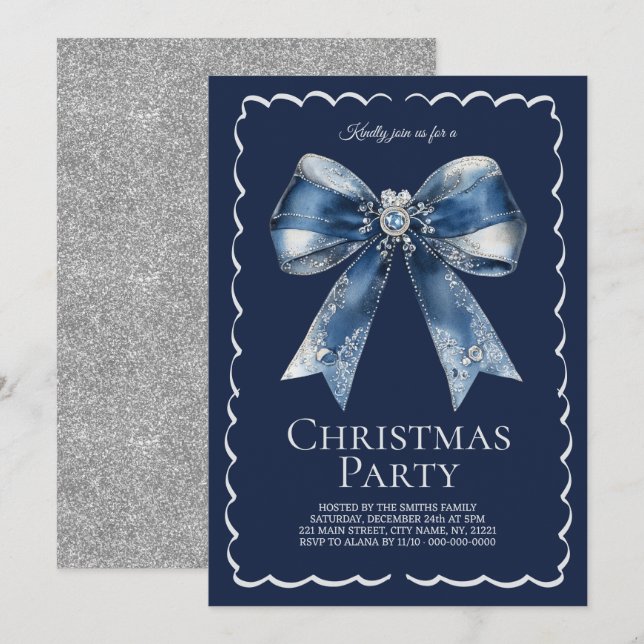 Elegant XL Bow Blue Silver Glitzer Weihnachts-Part Einladung (Vorne/Hinten)