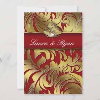Elegant Xmas Wedding Diamond Leaf Swirl Gold Red Einladung