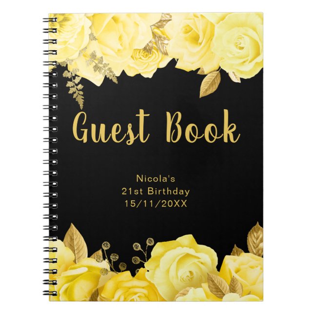 Elegant Yellow and Gold Flower Birthday Guest Book Notizblock (Vorderseite)