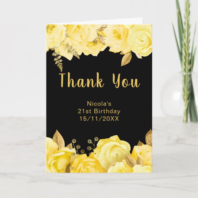Elegant Yellow and Gold Flowers Birthday Party Dankeskarte (Vorderseite)
