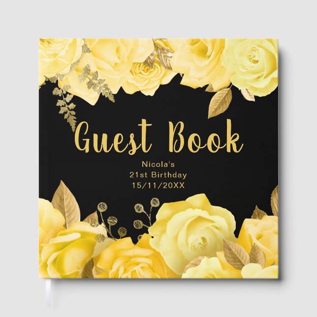 Elegant Yellow and Gold Flowers Birthday Party Gästebuch (Vorderseite)