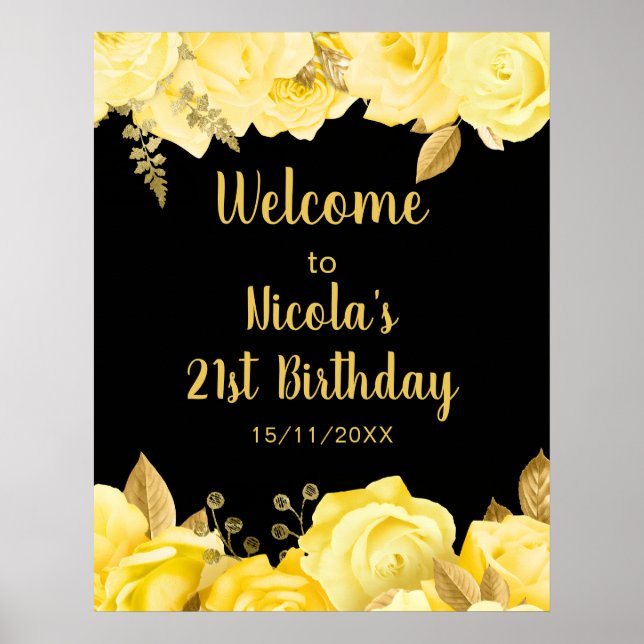 Elegant Yellow and Gold Flowers Birthday Party Poster (Vorne)