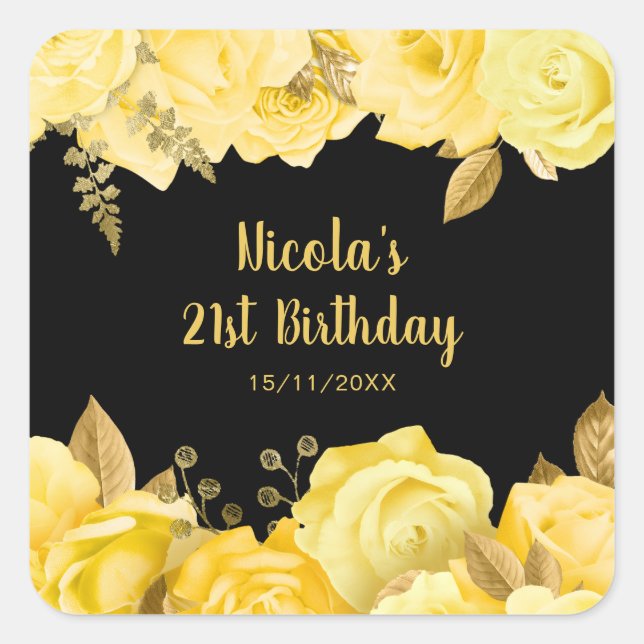 Elegant Yellow and Gold Flowers Birthday Party Quadratischer Aufkleber (Vorderseite)
