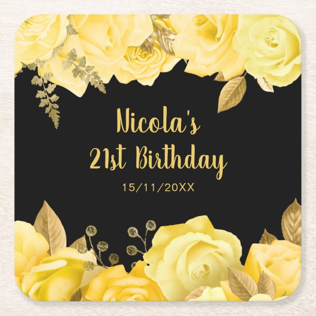 Elegant Yellow and Gold Flowers Birthday Party Rechteckiger Pappuntersetzer (Vorderseite)