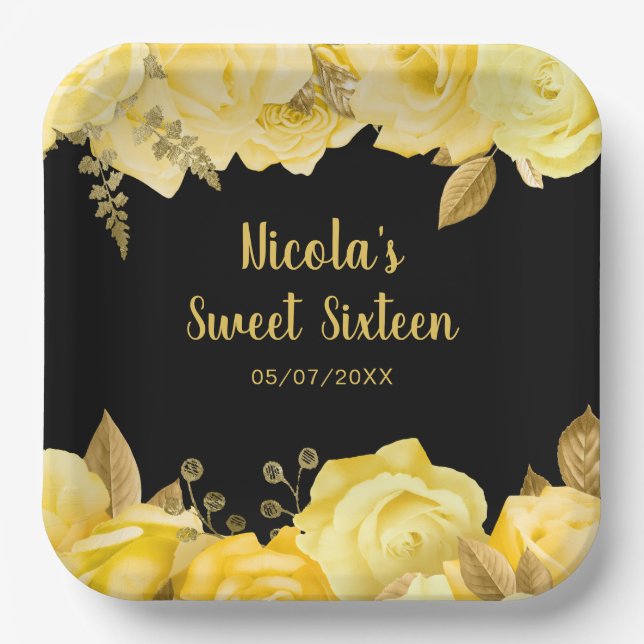 Elegant Yellow and Gold Flowers Sweet Sixteen Pappteller (Vorderseite)