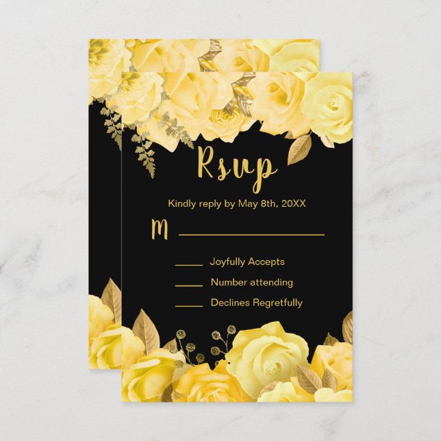 Elegant Yellow and Gold Flowers Sweet Sixteen RSVP Karte (Vorne/Hinten)