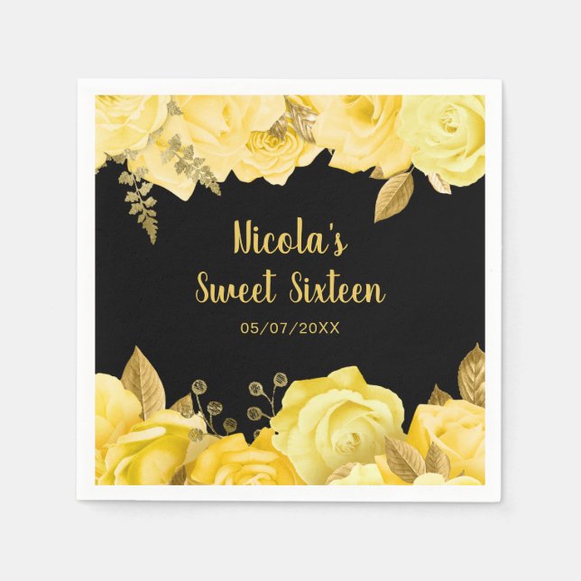 Elegant Yellow and Gold Flowers Sweet Sixteen Serviette (Vorderseite)