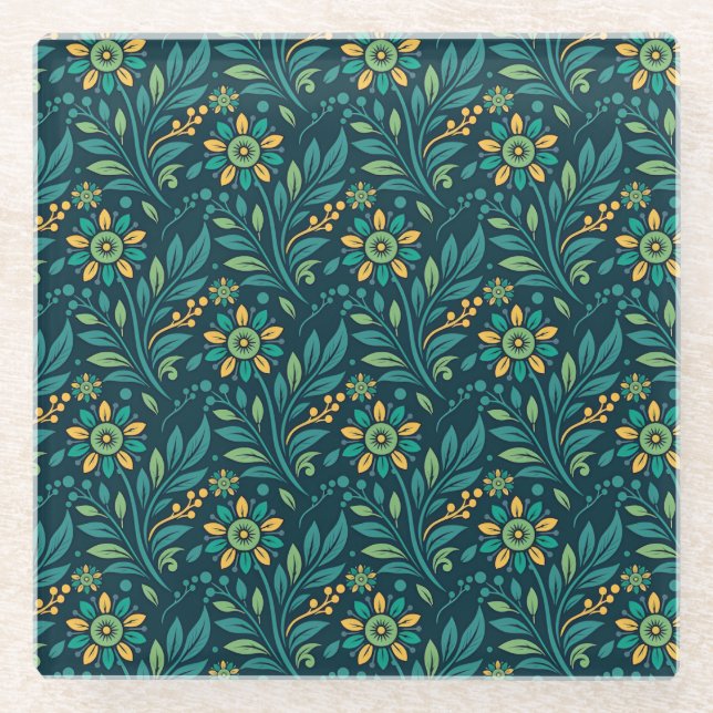 Elegant Yellow and Teal Floral Pattern Design Glasuntersetzer (Vorderseite)