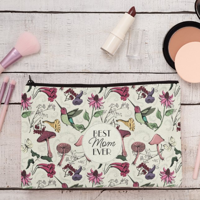 Elegant Yellow Best Mama Ever Foto Hummingbird Zubehörtasche (Front: Best Mom Ever on a Chic Hummingbird & Bignonia Pattern. Back: Custom Photo and 2 Messages.)