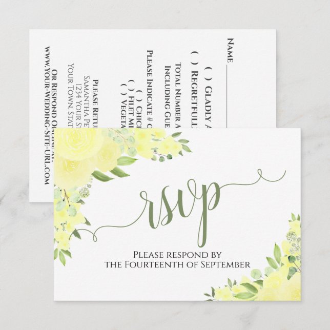 Elegant Yellow Boho Floral Calligraphy Wedding RSVP Karte (Vorne/Hinten)