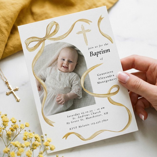 Elegant Yellow Bow Baptism Baby Photo Arch Cross  Einladung (Elegant Yellow Bow Baptism Baby Photo Arch Cross Invitation)
