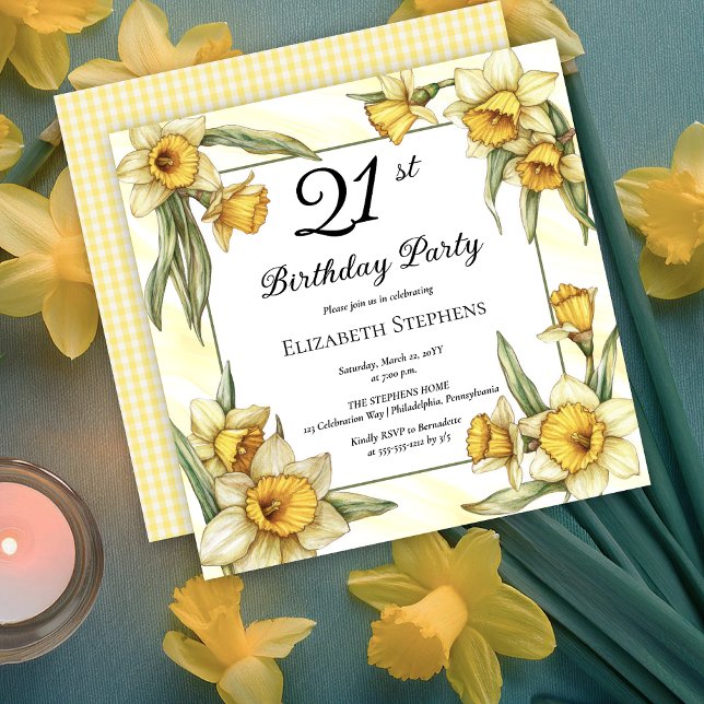 Elegant Yellow Daffodils Floral 21. Geburtstag Einladung (Elegant Yellow Daffodils Floral 21st Birthday Party Invitation -- Print | Download)