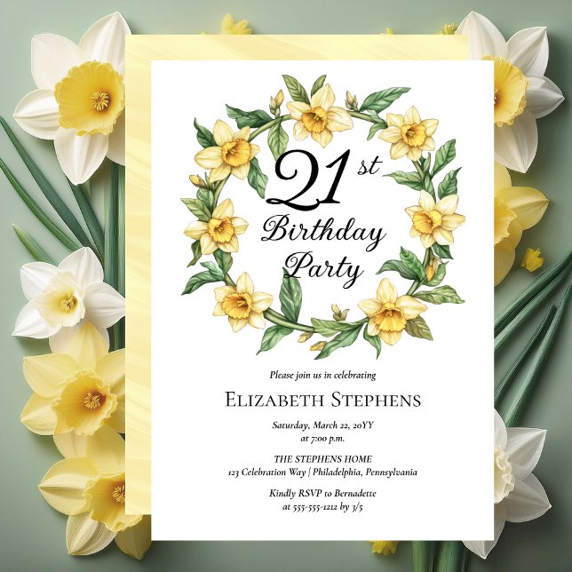 Elegant Yellow Daffodils Floral 21. Geburtstag Einladung (Elegant Yellow Daffodils Floral 21st Birthday Party Invitation - Print and/or Digital Download)