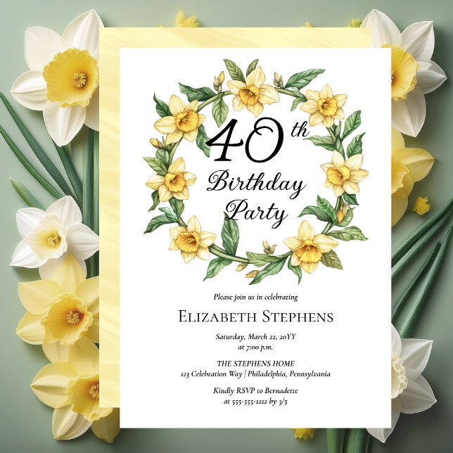 Elegant Yellow Daffodils Floral 40. Geburtstag Einladung (Elegant Yellow Daffodils Floral 40th Birthday Party Invitation -- Print | Download)