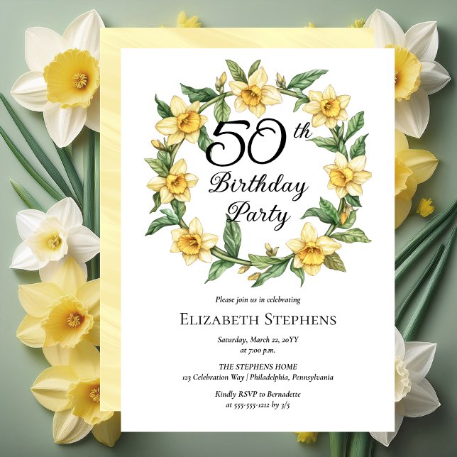 Elegant Yellow Daffodils Floral 50. Geburtstag Einladung (Elegant Yellow Daffodils Floral 50th Birthday Party Invitation -- Print | Download)
