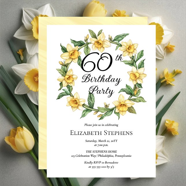 Elegant Yellow Daffodils Floral 60. Geburtstag Einladung (Elegant Yellow Daffodils Floral 60th Birthday Party Invitation -- Print | Download)
