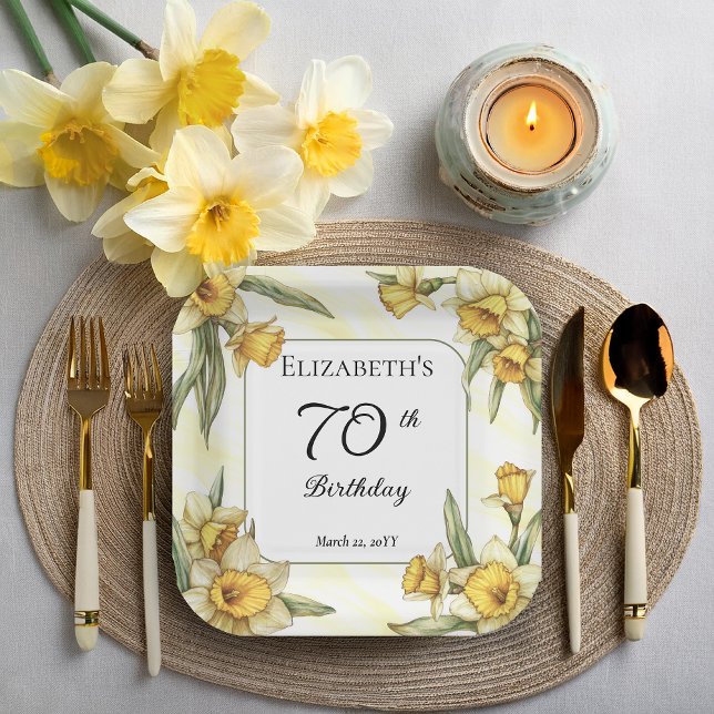 Elegant Yellow Daffodils Floral 70. Geburtstag Pappteller (Elegant Yellow Daffodils Floral 70th Birthday Party Square Paper Plates)