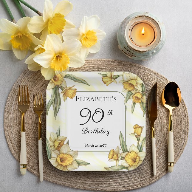Elegant Yellow Daffodils Floral 90. Geburtstag Pappteller (Elegant Yellow Daffodils Floral 90th Birthday Party Square Paper Plates)