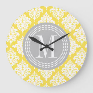 Elegant Yellow Damask Personalized Große Wanduhr