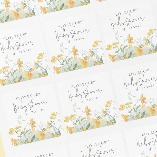 Elegant Yellow Floral Baby Shower Quadratischer Aufkleber (Von Creator hochgeladen)