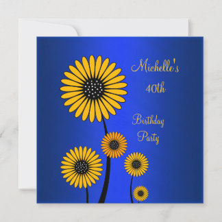 Elegant Yellow Floral Blue 40. Geburtstag Einladung