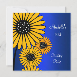 Elegant Yellow Floral Blue 40. Geburtstag Einladung