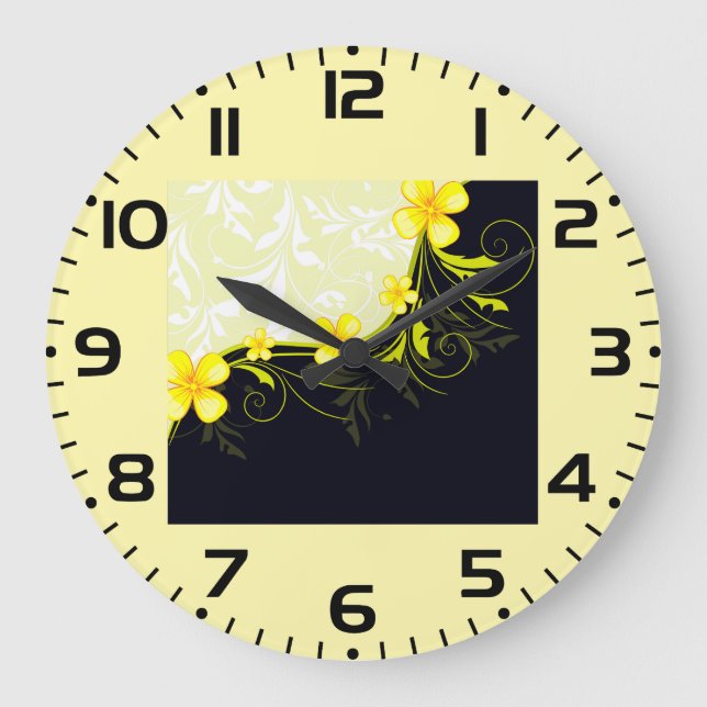 Elegant Yellow Floral Damask Große Wanduhr (Vorderseite)