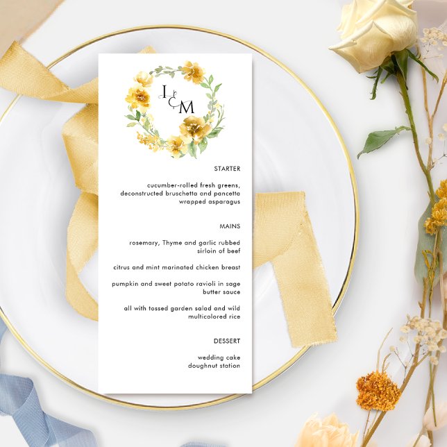 Elegant Yellow Floral Monogram Wedding Menükarte (Von Creator hochgeladen)