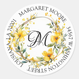 Elegant Yellow Floral Script Monogram Address Runder Aufkleber
