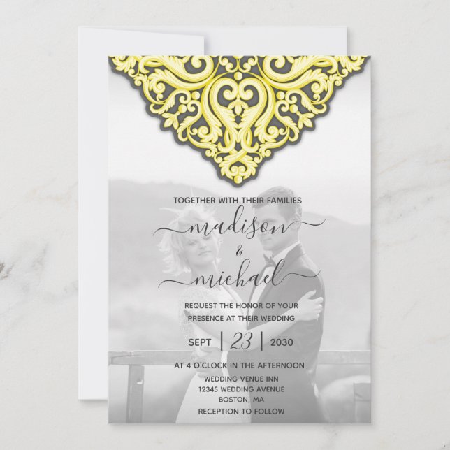 Elegant Yellow Gray Damask Wedding Einladung (Vorderseite)